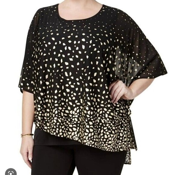 JM Collection Batwing Asymmetric Blouse Black Gold - Picture 1 of 12